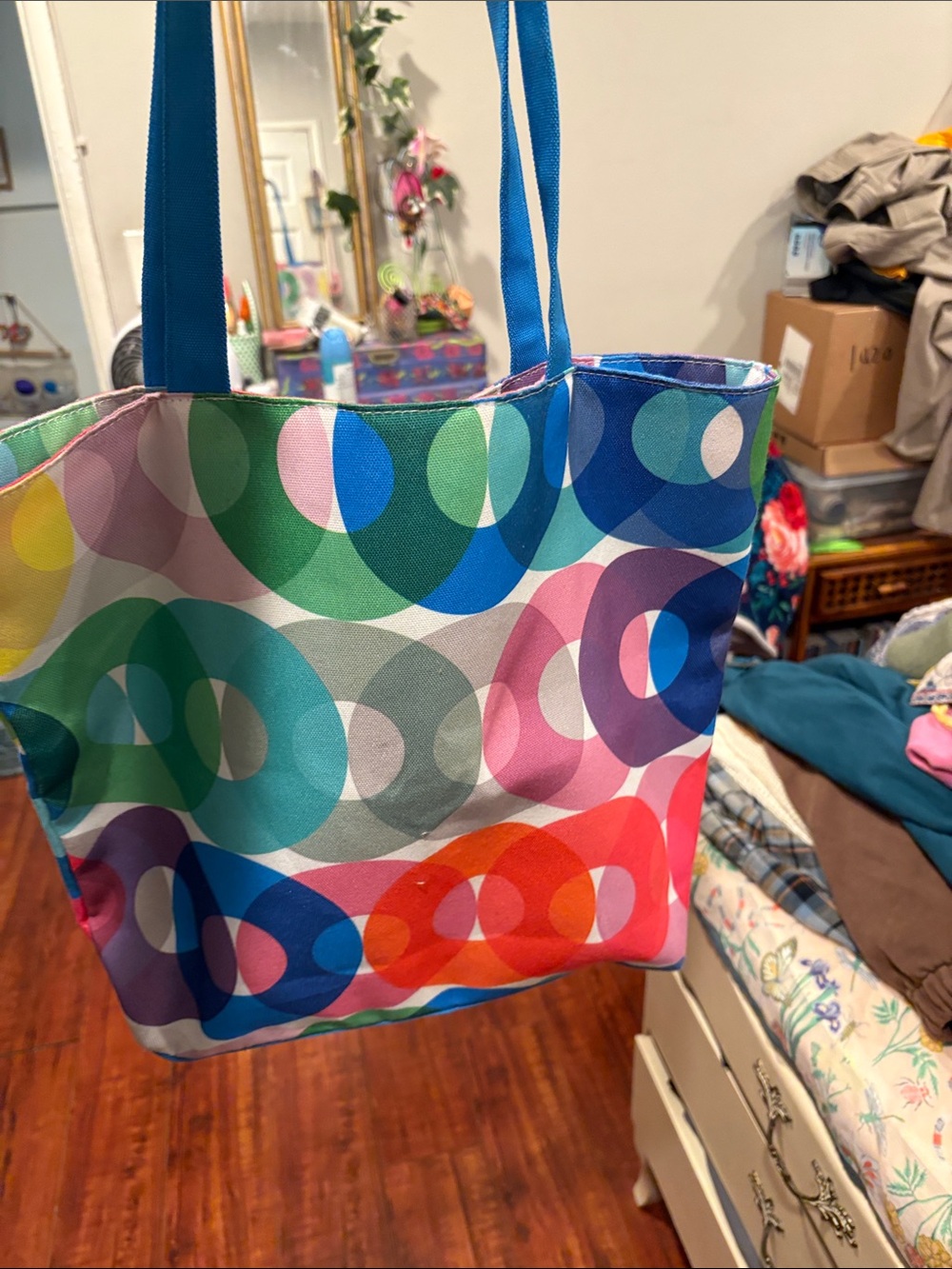 Colorful Multi-Circle Tote Bag - Blue Handles